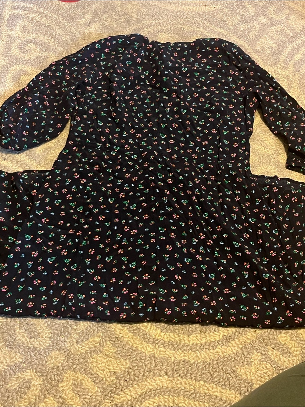 Black LOFT Floral Midi Dress with Pink and Green Blossoms